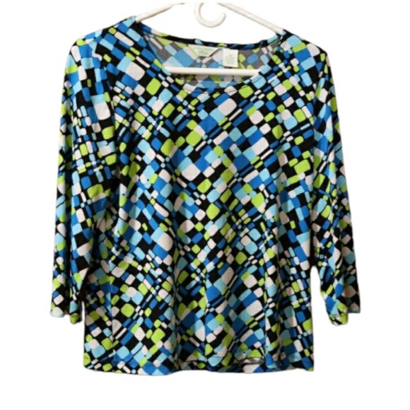 Laura Ashley Bright Colorful Blue Green Geometric Print Top Medium - Picture 1 of 8
